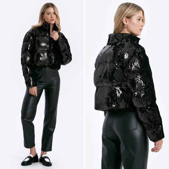 CHRLDR Cheerleader All Over Black Sequins Wendy Crop Puffer Jacket Size S - Picture 7 of 7